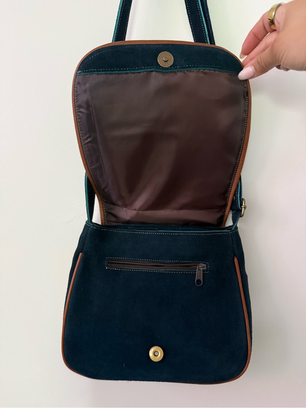 Embroidered Navy Blue Suede Crossbody Bag with Brown Trim - Made in Ecuador - Picture 2 of 4